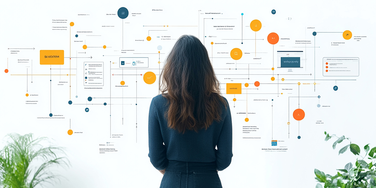 Frau steht mit dem Rücken zur Kamera und betrachtet eine Mindmap-Wand.
