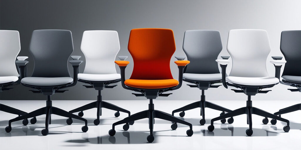 Eine Reihe von grauen Schreibtischstühlen, in der Mitte steht ein orangefarbenen Stuhl