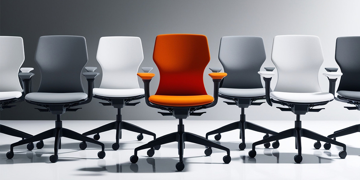 Eine Reihe von grauen Schreibtischstühlen, in der Mitte steht ein orangefarbenen Stuhl